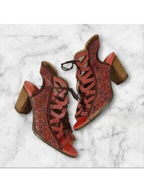 Spring Step L'Artiste Laure Pink Laser Cut Peep Toe Bootie Sandals Euro 39